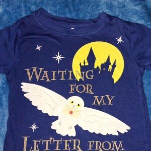 Blue Graphic Tee with Owl and Castle Design